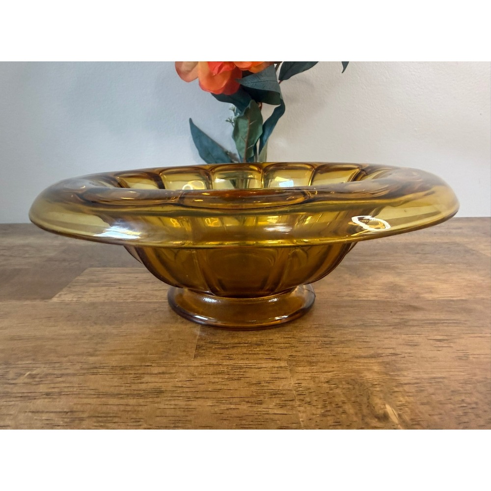 Vintage Amber Glass Footed Bowl Mid Century Pedestal Fruit Serving Bowl MCM